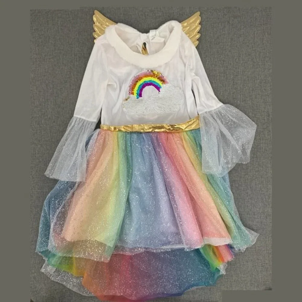 Girls Rainbow Unicorn‎ Costume Dress Beautiful Sparkle Sequin Angel Wings Large